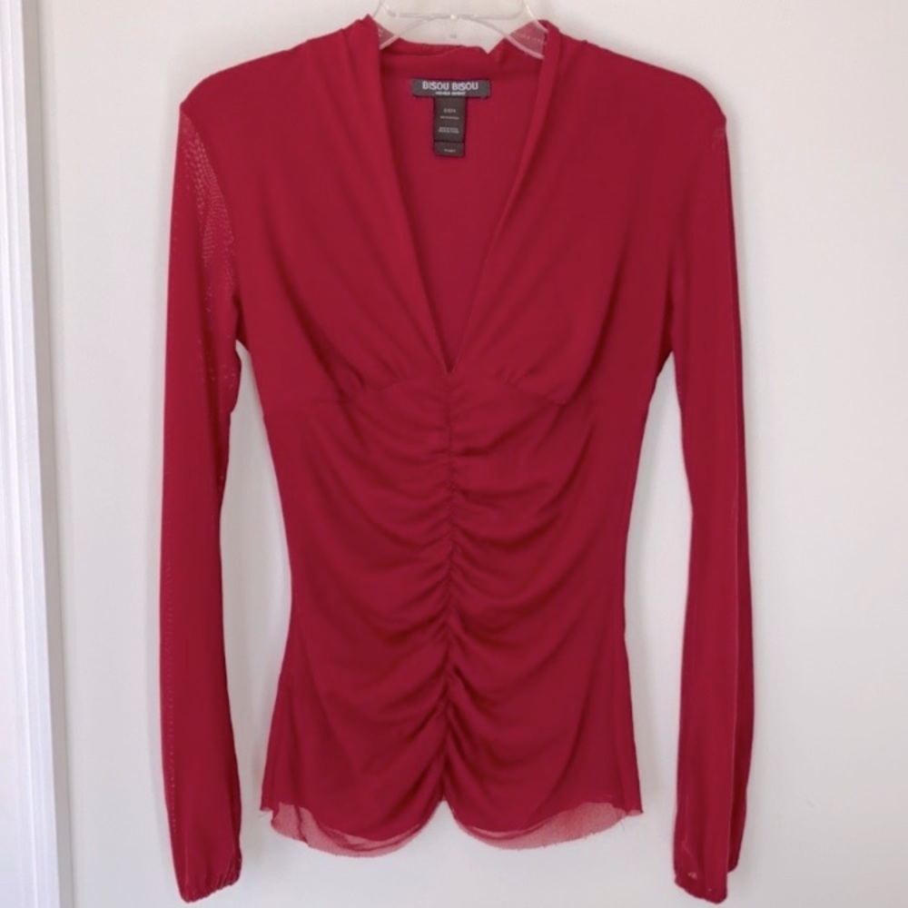 Bisou Bisou Red Ruched Long Sleeve Blouse